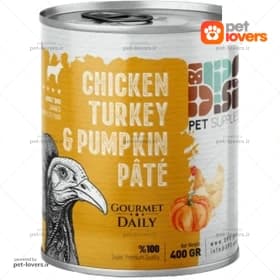 کنسرو مخصوص سگ بالغ طعم پته مرغ و بوقلمون و کدو DPS وزن 800 گرم