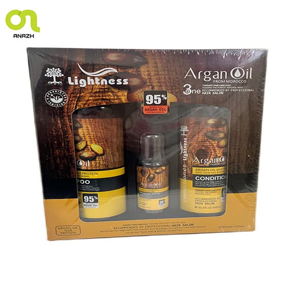 پک 3 عددی مراقبت مو آرگان(شامپو-نرم کننده-روغن) بدون سولفات لایتنس Lightness حاوی روغن آرگان(دارای ضمانت اصالت کالا می باشد)(جنس درجه 2 پاکستانی نیست)-اناژ — تصویر ۲