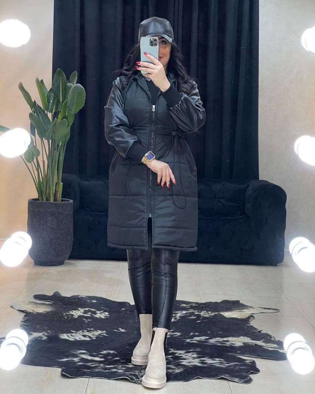 کاپشن زنانه بلند آستین چرم مدل ناربین