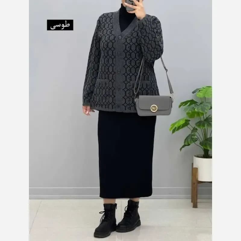 ژاکت بافت مخملی یقه هفت جیب دار فری سایز — تصویر ۲