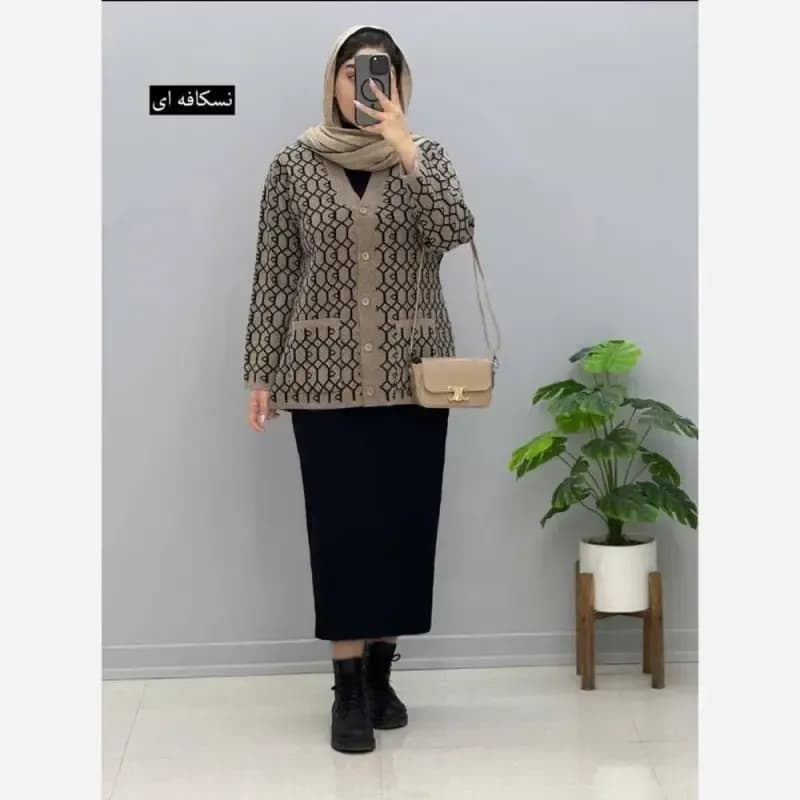 ژاکت بافت مخملی یقه هفت جیب دار فری سایز — تصویر ۴