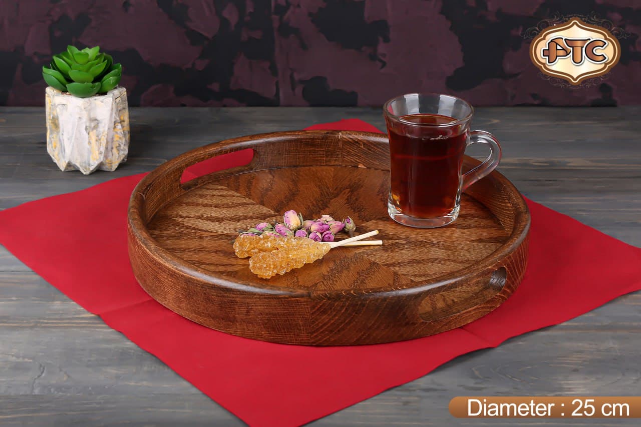 سینی چوبی گرد دسته دار چوب بامبو تیره سایز 25