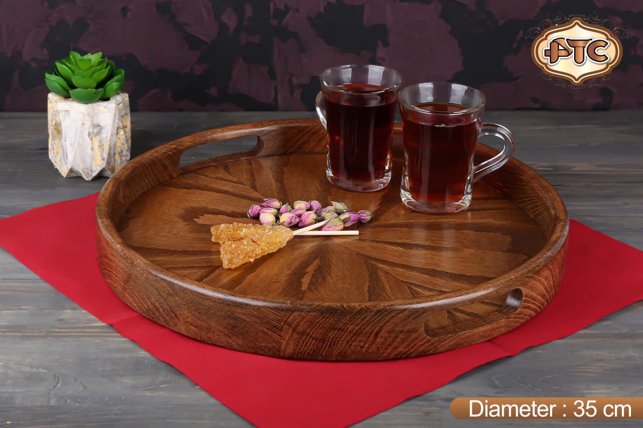 سینی چوبی گرد دسته دار چوب بامبو تیره سایز 35