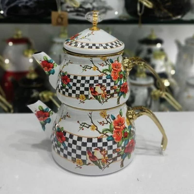 کتری قوری لعابی برند ونتی طرح شطرنجی گل قرمز