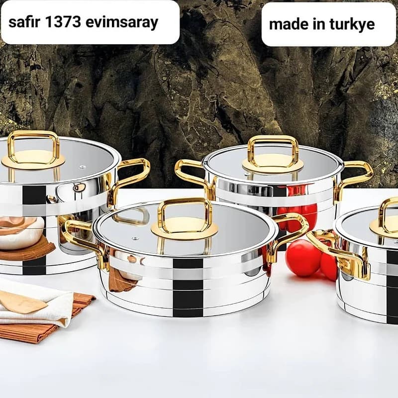 سرویس قابلمه استیل ۸ پارچه برند Evimsaray اویم سارای استیل طلا مدل سفیر کد 1373