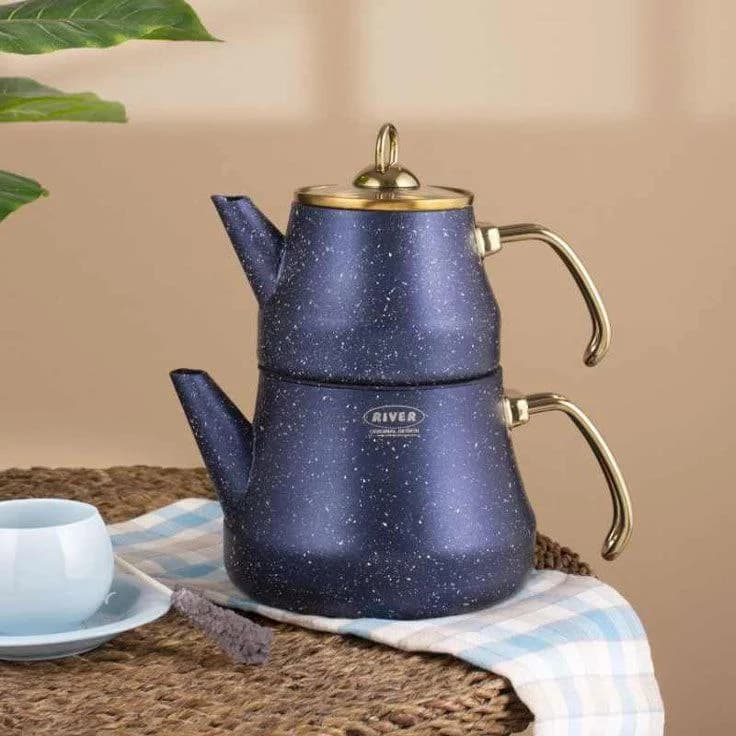 کتری قوری ترک دسته طلایی سورمه ای ریور کد 5837