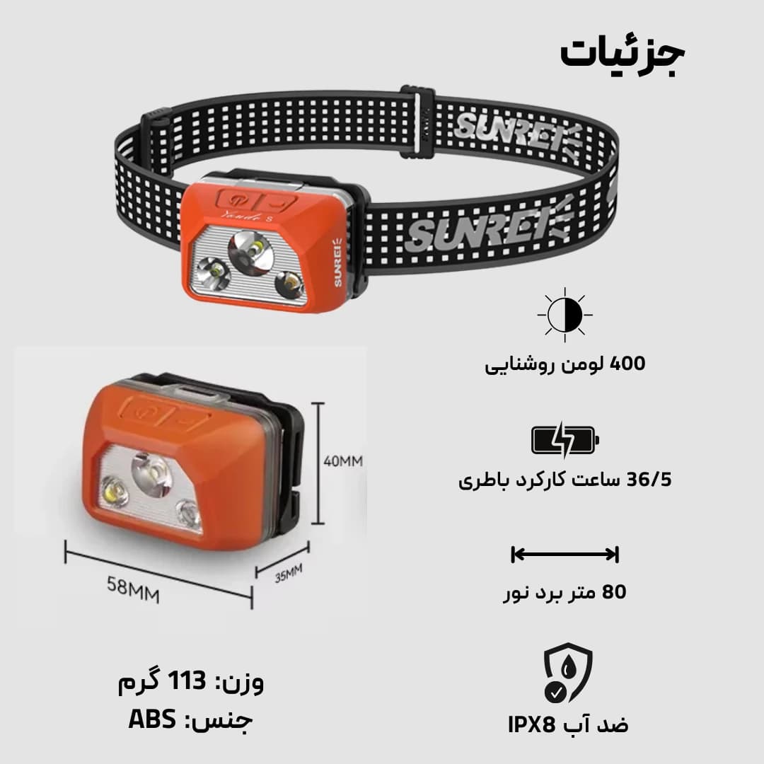 هدلایت سانری مدل SUNREI Youdo S RedLight، ضدآب، قابل شارژ و استفاده از باطری — تصویر ۴