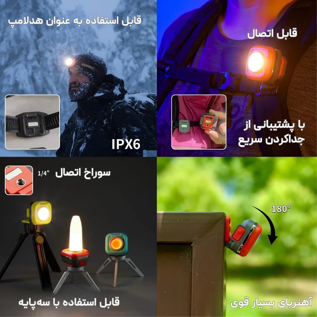 چراغ شارژی سانری مدل SUNREI C600، چهار حالت نوردهی، 36 ساعت شارژدهی، چراغ قوه چرخشی 180 درجه، مقاوم در برابر آب — تصویر ۹