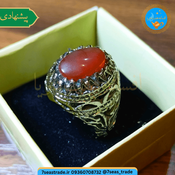 انگشتر نقره رکاب دست ساز فاخر نگین عقیق کارنلین خوش رنگ — تصویر ۲