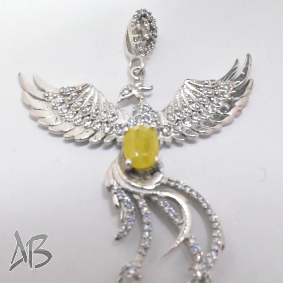 گردنبند نقره (مدالی) اصل نگین دار یاقوت زرد طرح جدید سیمرغ آقابزرگ کد Med80 — تصویر ۴