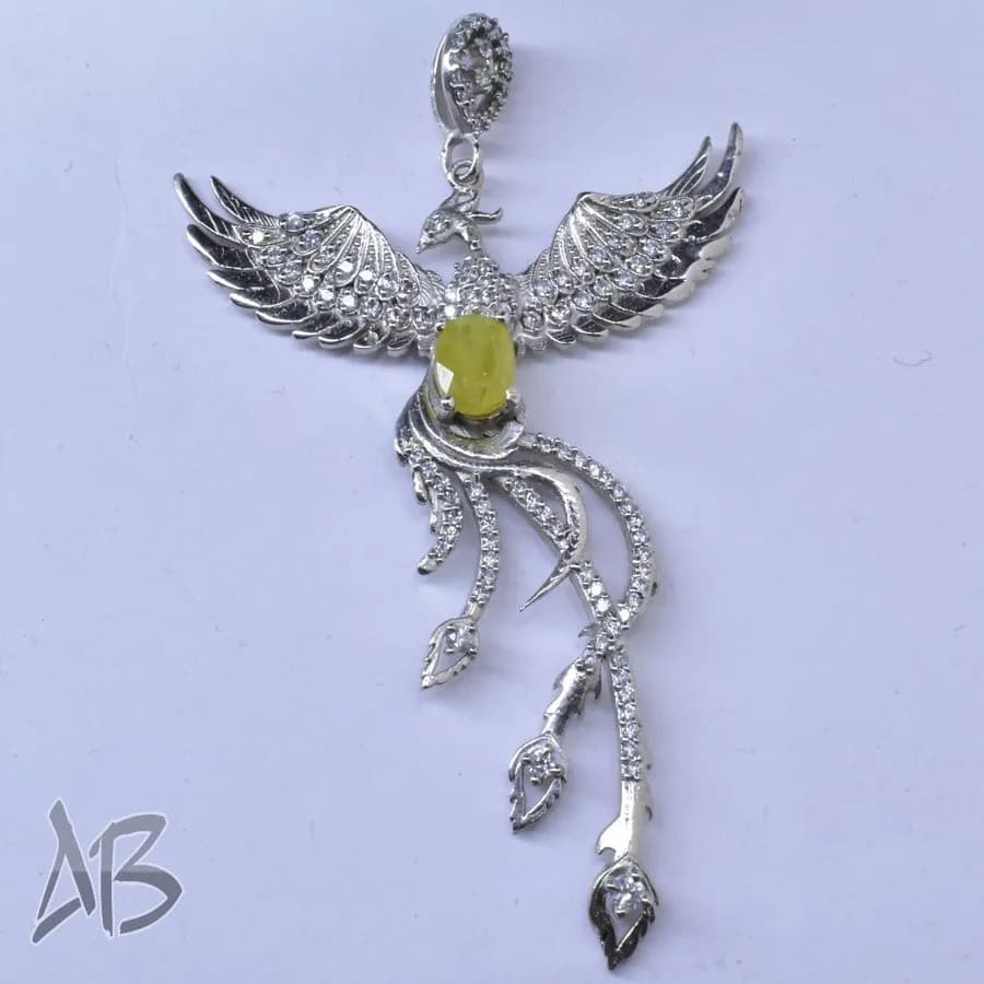 گردنبند نقره (مدالی) اصل نگین دار یاقوت زرد طرح جدید سیمرغ آقابزرگ کد Med80 — تصویر ۳