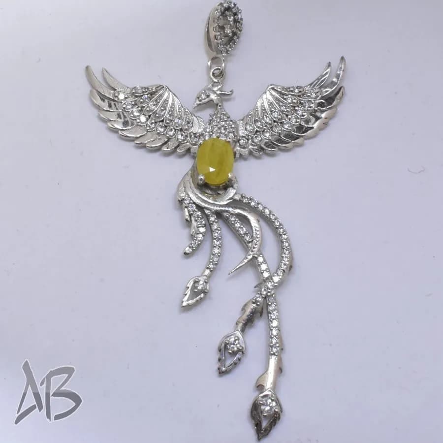 گردنبند نقره (مدالی) اصل نگین دار یاقوت زرد طرح جدید سیمرغ آقابزرگ کد Med80 — تصویر ۲