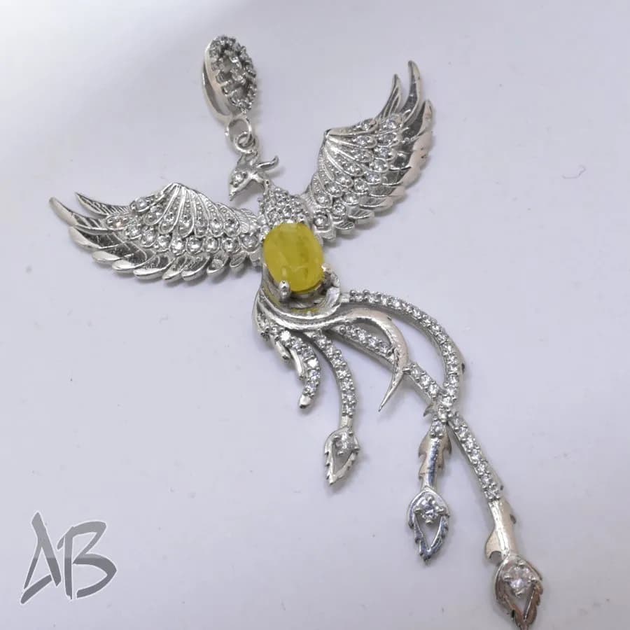 گردنبند نقره (مدالی) اصل نگین دار یاقوت زرد طرح جدید سیمرغ آقابزرگ کد Med80