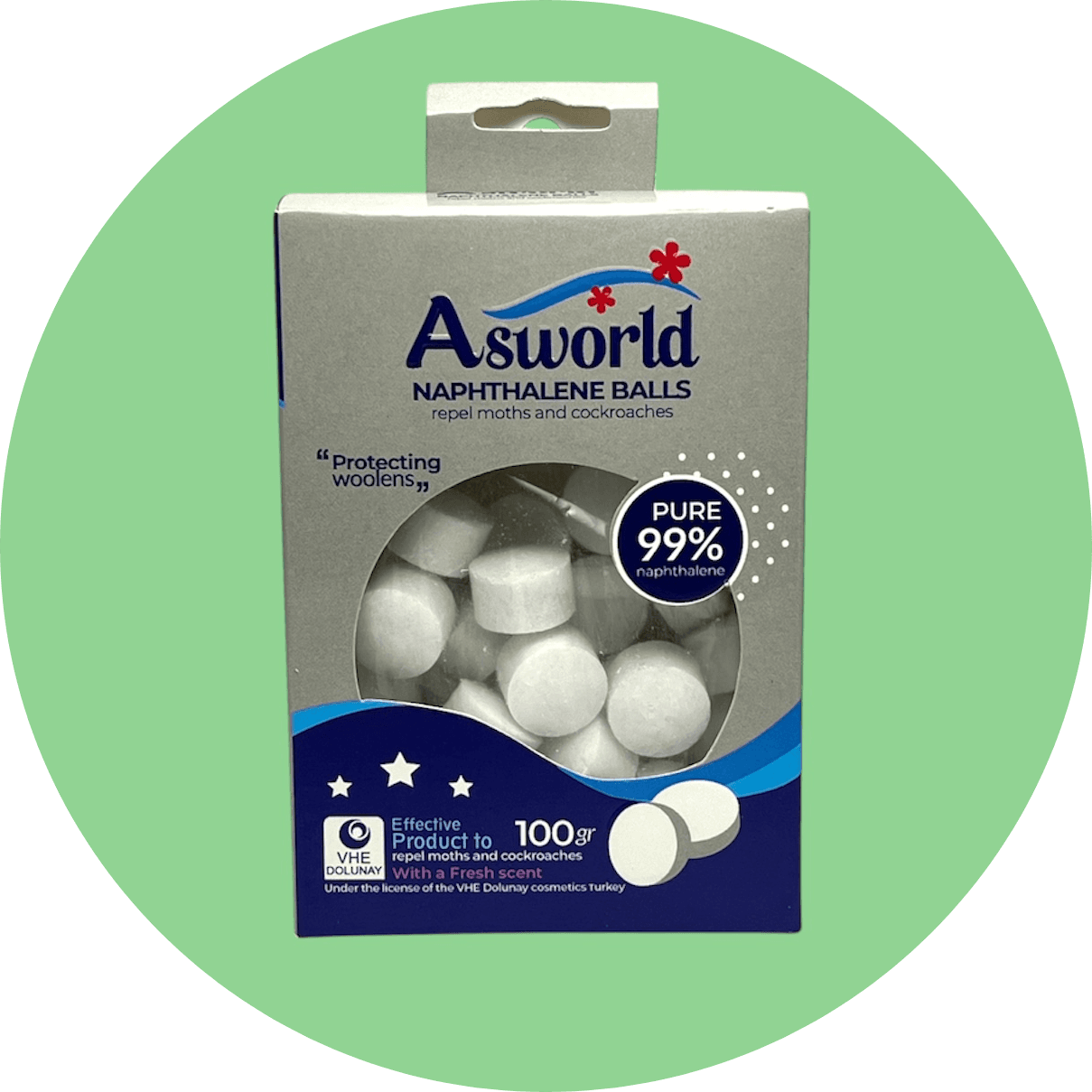 قرص نفتالین آسورد حجم 100 گرم/Asworld naphthalene balls