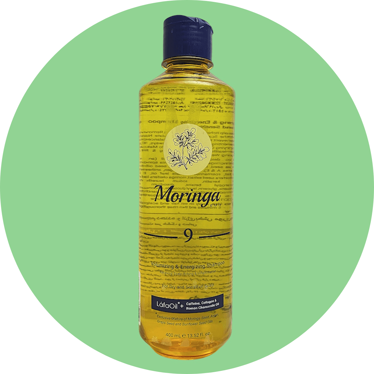 شامپو حجم دهنده و انرژی بخش شماره 9 مورینگا امو مناسب پوست سر خشک و حساس حجم 400 میل/Volumizing and Energizing Shampoo No. 9 Moringa Emo is suitable for dry and sensitive scalps.