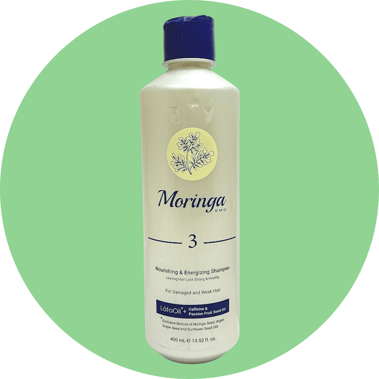 شامپو مغذی و انرژی بخش مورینگا امو شماره 3 مناسب موهای آسیب دیده و ضعیف حجم 400 میل/Nourishing and energizing Moringa Amu shampoo No. 3 is suitable for damaged and weak hair.