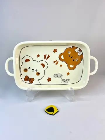 دیس سرامیکی مستطیلی دو دسته تدی کرمی Hello bear