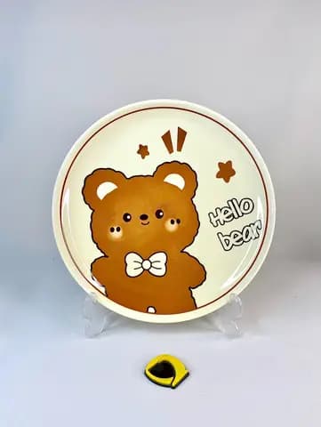 بشقاب سرامیکی گرد تدی کرمی Hello bear