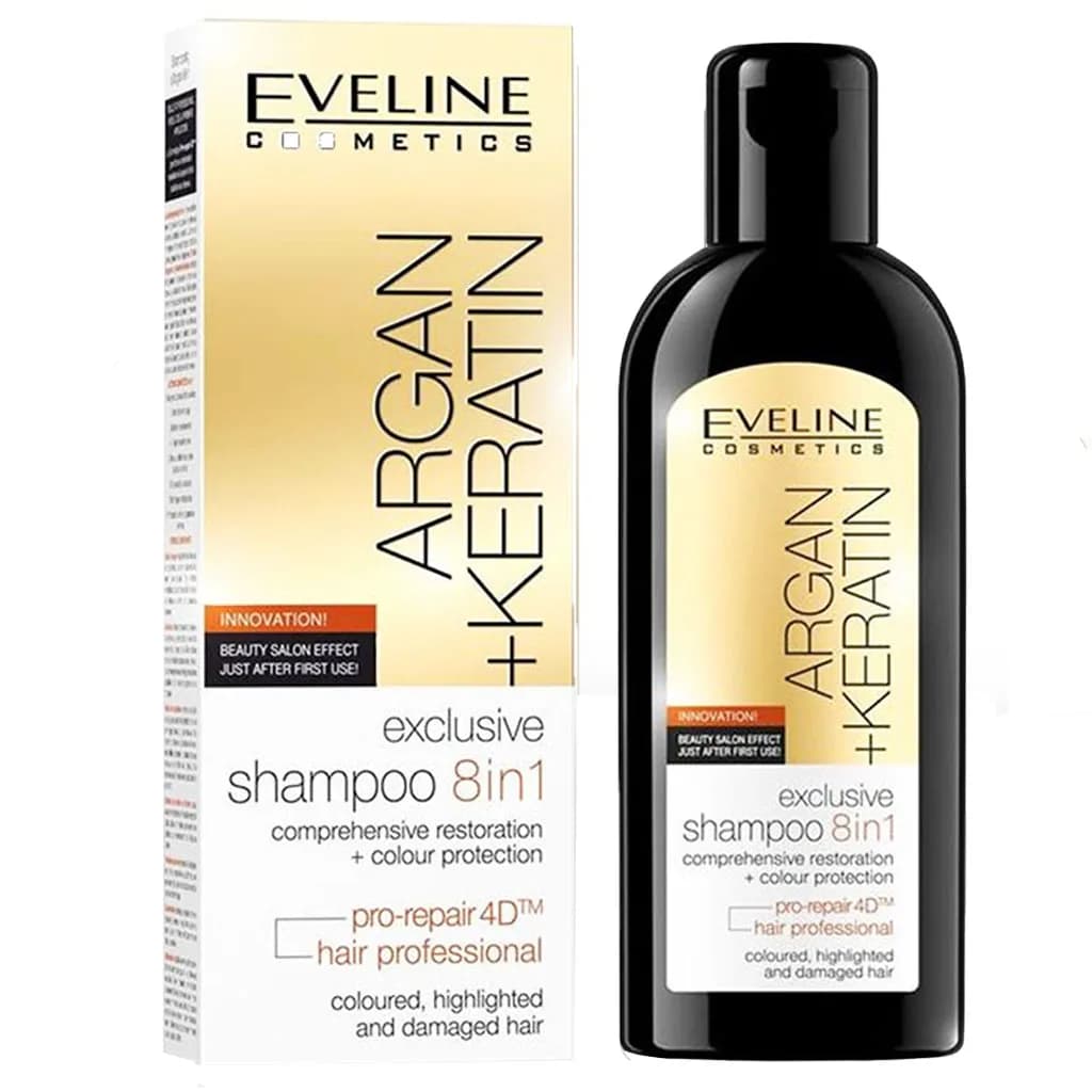 شامپو 8 کاره آرگان و کراتین اولاین مخصوص موهای رنگ‌شده و آسیب‌دیده 150 میل Eveline Argan + Keratin — تصویر ۲