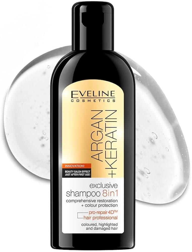 شامپو 8 کاره آرگان و کراتین اولاین مخصوص موهای رنگشده و آسیبدیده 150 میل Eveline Argan + Keratin