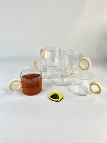 شات قهوه پیرکس شیاردار دسته گرد چوبی روشن 6 عددی