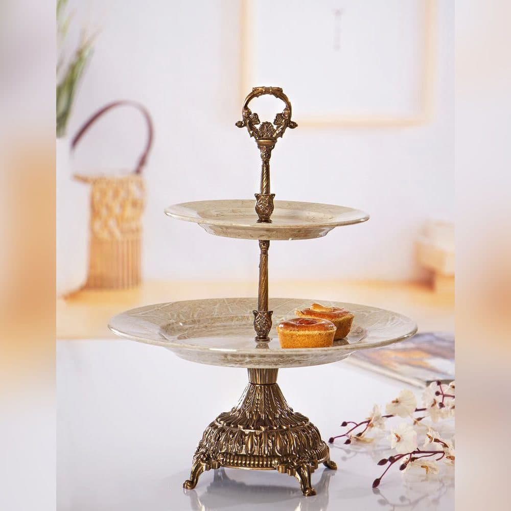 شیرینی خوری دو طبقه آنتیک مدل ماربل پایه دار