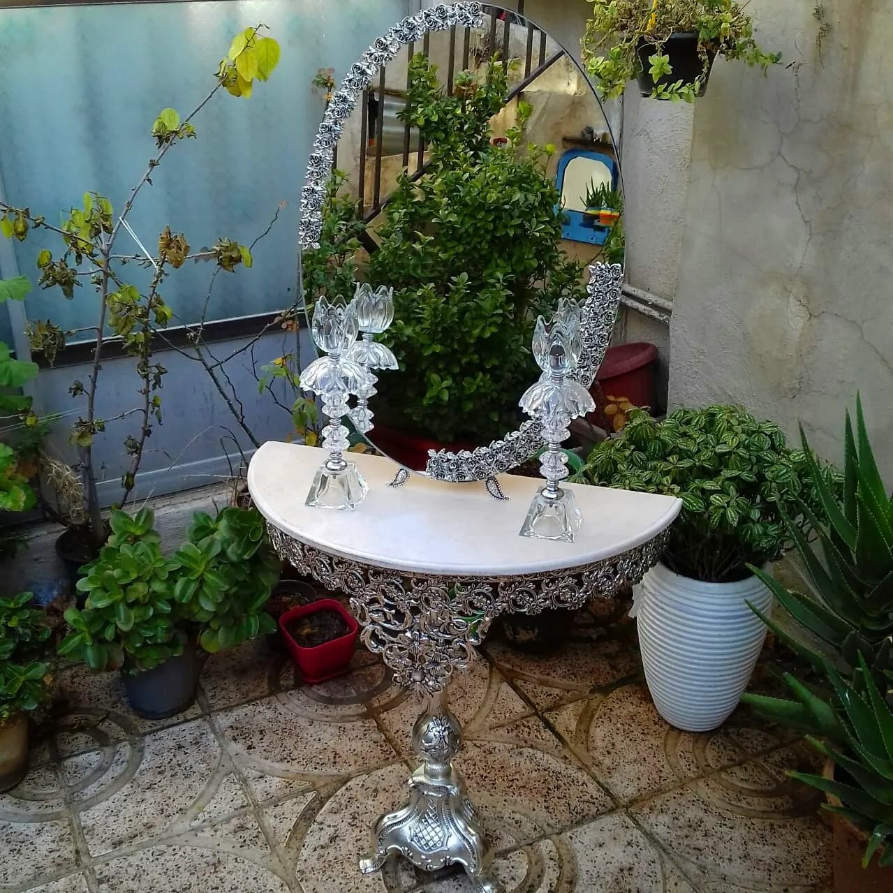 سرویس اینه و شمعدان و میز عروس ، ایینه مدل گل رز روکش نقره
