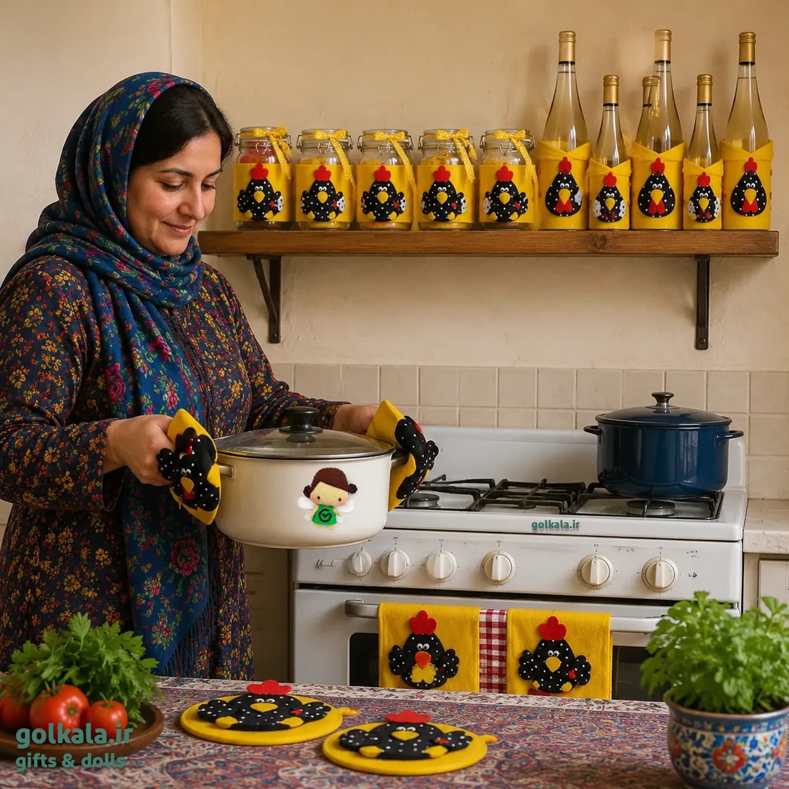 شیشه مربای نمدی ست خروس خان و مرغی خانم گل کالا — تصویر ۳