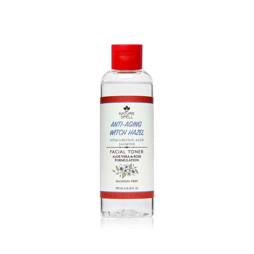 تونر مرطوب کننده و آبرسان پوست نیچر اسپیل nature spell anti-aging witch hazel hyaluronic acid jasmine