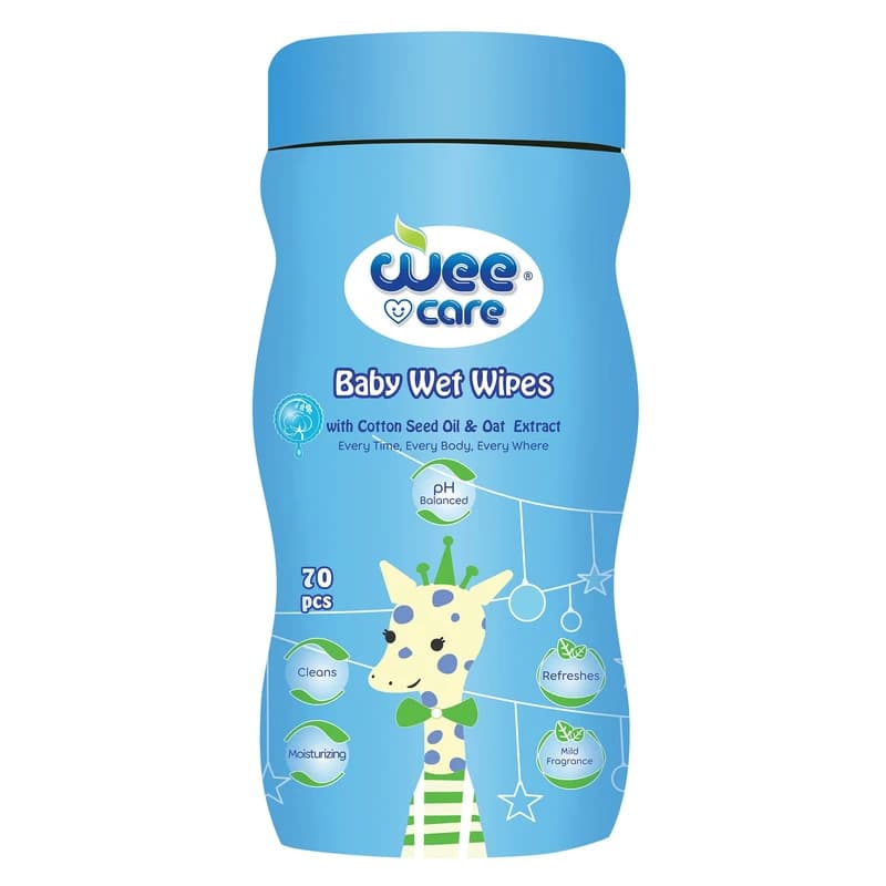 دستمال مرطوب کودک وی کر (Wee Care) مدل عصاره جو و روغن پنبه دانه سیلندری بسته 70 عددی