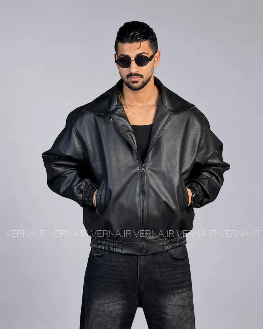 کاپشن چرم مردانه باکسی پایین کش ZARA — تصویر ۳