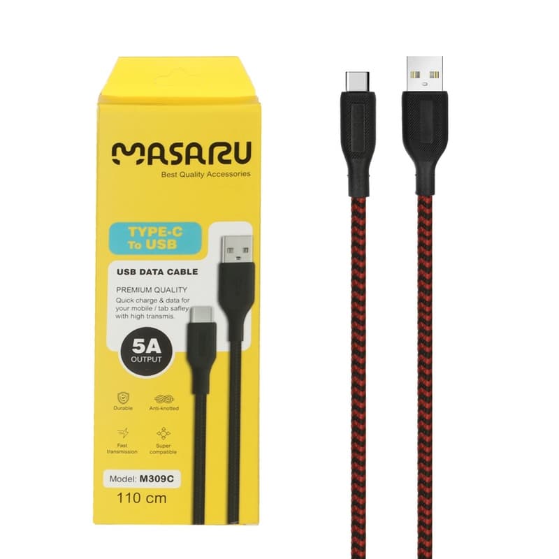 کابل شارژ فست USB To Type-C برند Masaru مدل M309C اورجینال 1.1 متری مشکی قرمز کنفی کد 350731