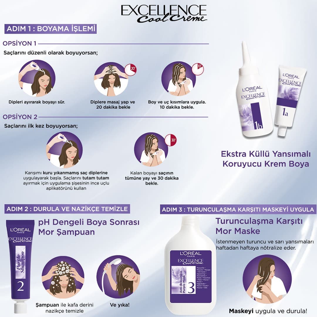 کیت رنگ مو لورآل سری excellence شماره 7.11 حجم 48 میلی لیتر رنگ بلوند خاکستری روشن — تصویر ۳