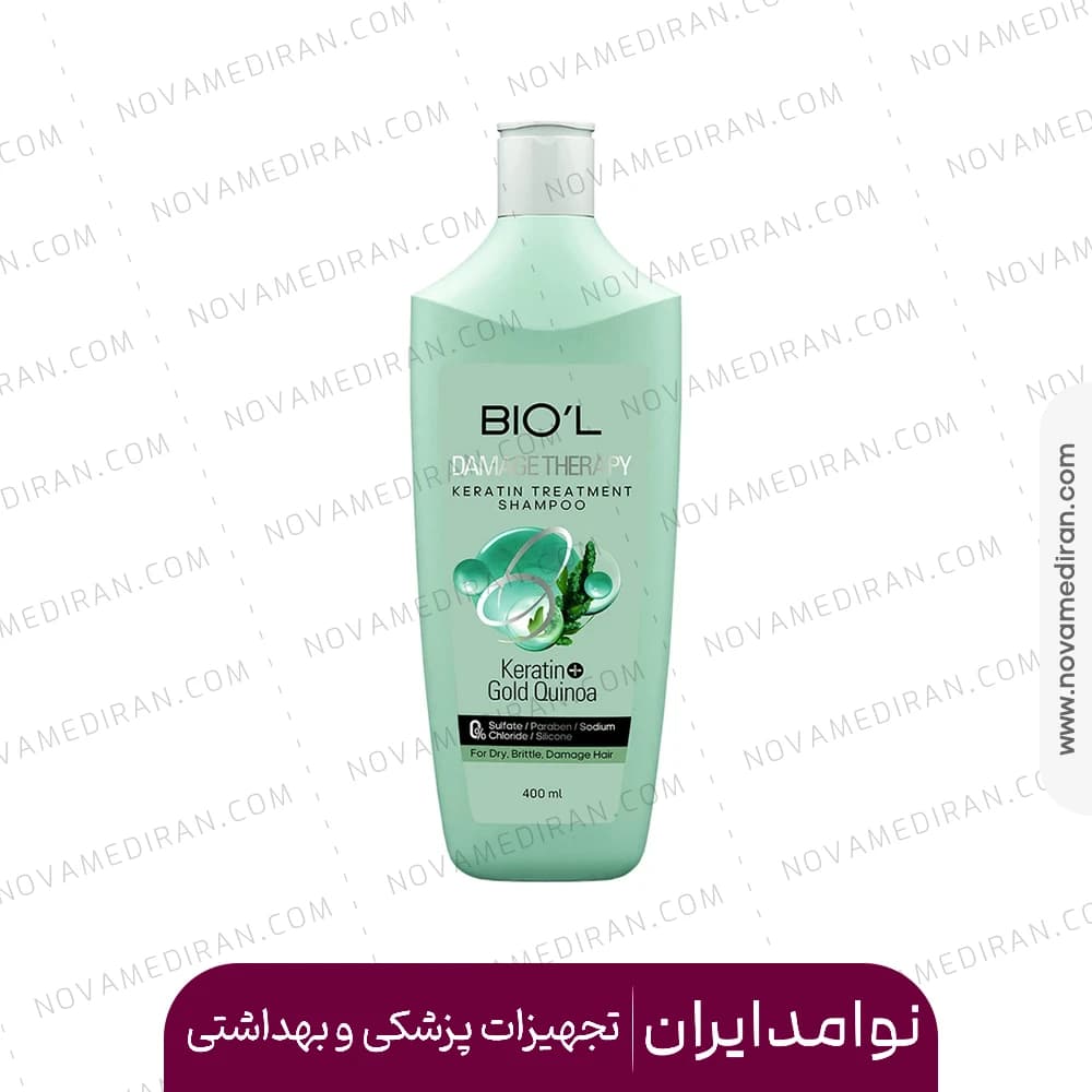 شامپو موی سر حاوی کراتین و کینوا طلایی مناسب موهای خشک و آسیب دیده بیول فاقد سولفات حجم ۴۰۰ میل