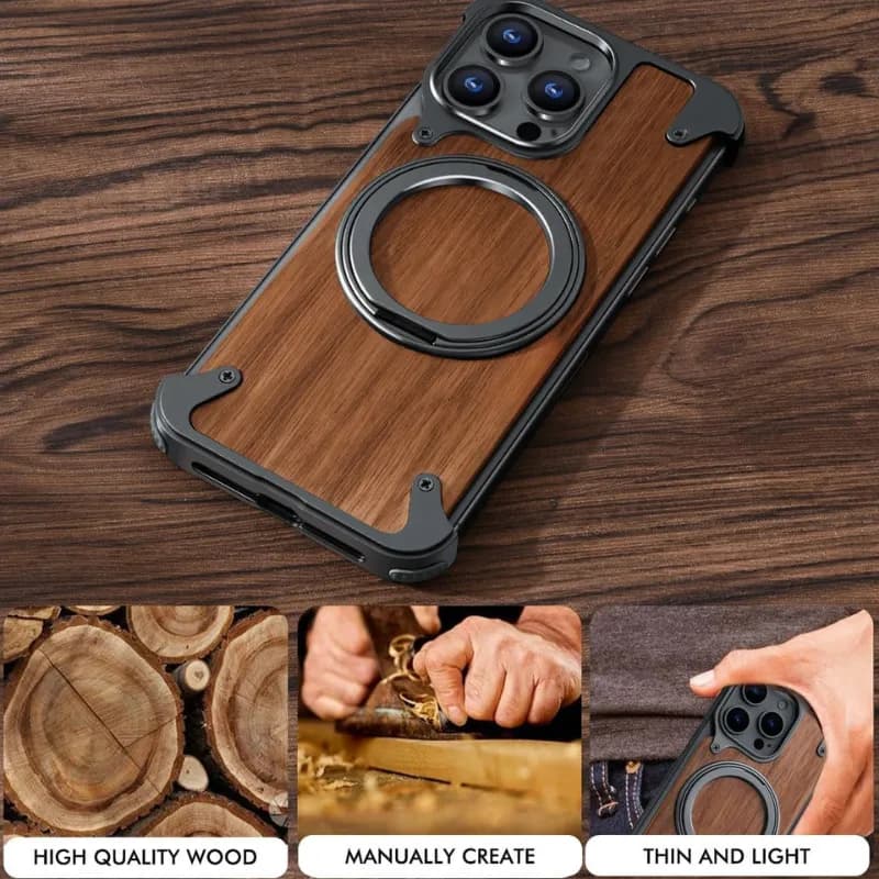 قاب چوبی طراحی لوکس گردو آیفون 16 پرو مکس مدل Wood Metal – iPhone 16 Pro Max Wood Metal Case