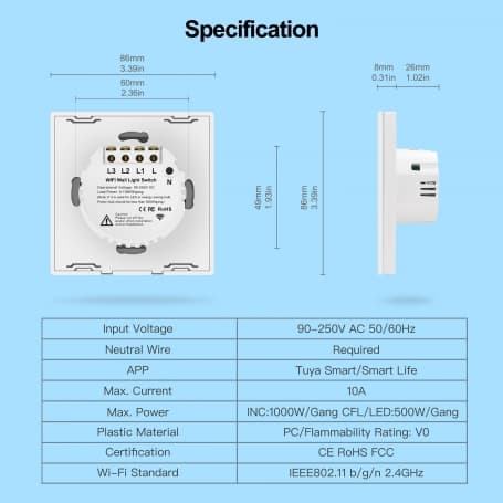 کلید دو پل هوشمند لمسی TUYA مشکی با قابلیت کنترل از طریق WiFi و RF433MHz — تصویر ۵