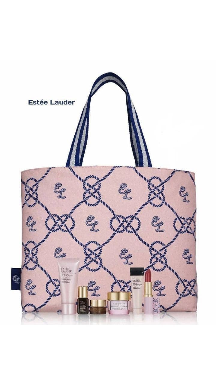 پک استی لادر New Estee Lauder 7 pc Resilience Skincare Makeup Nautical Pink Beach Tote Set