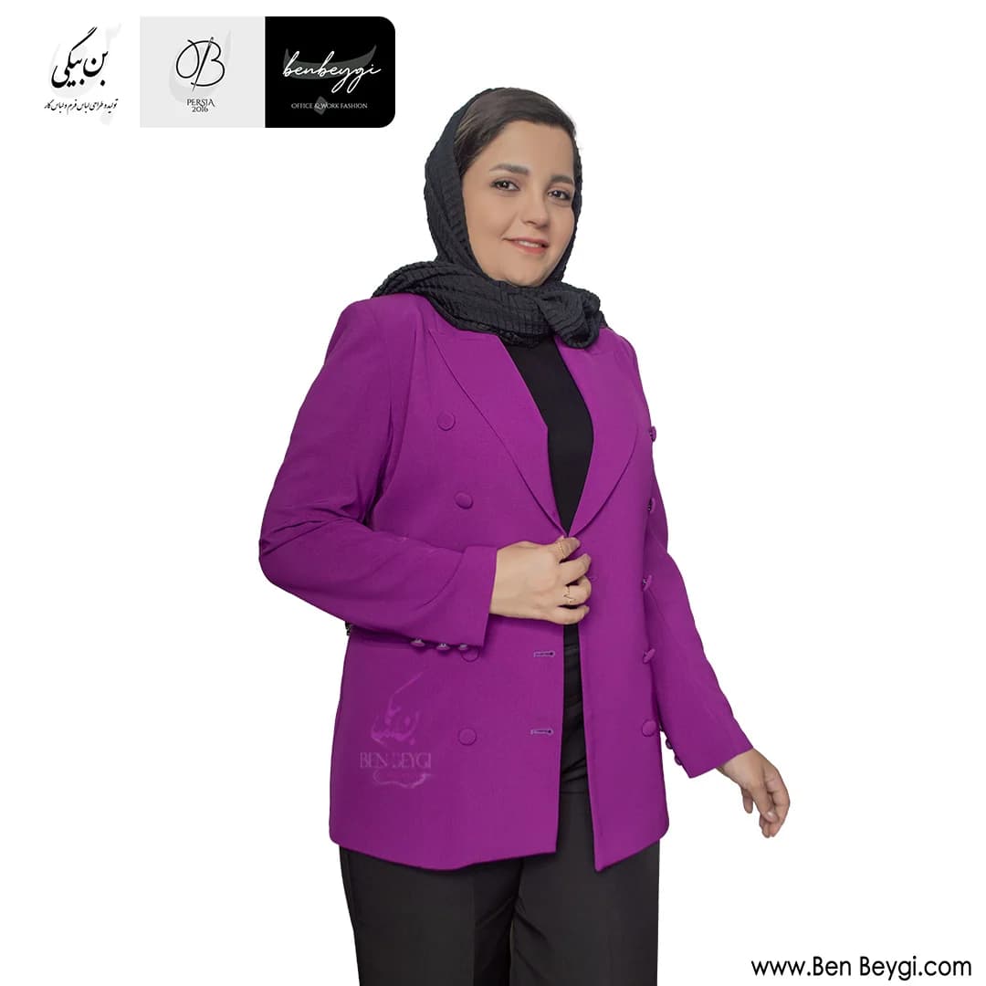 کت تک زنانه سایز بزرگ بنفش 10 دکمه رنگ روهمگرد دار پارچه کرپ کنزو کد 26074 — تصویر ۴