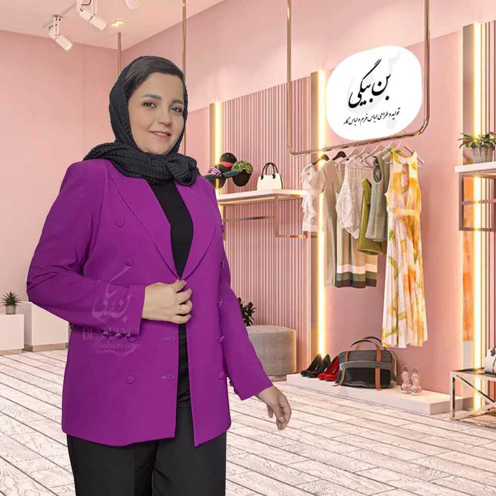 کت تک زنانه سایز بزرگ بنفش 10 دکمه رنگ روهمگرد دار پارچه کرپ کنزو کد 26074