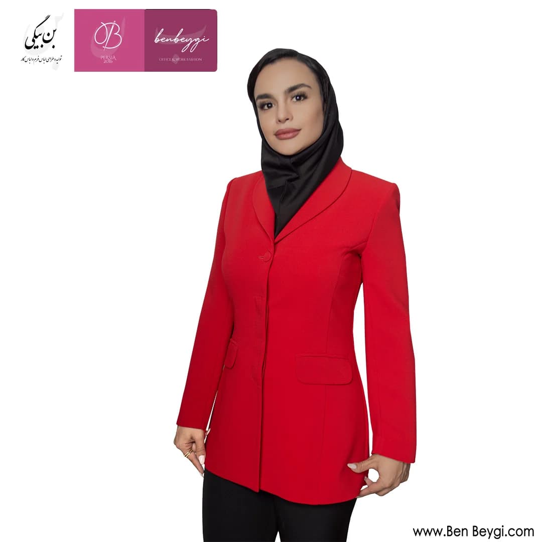 کت تک زنانه قرمز پارچه کرپ کنزو تک دکمه یقه آرشال کد 25873 — تصویر ۴