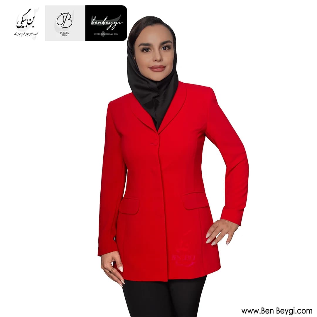 کت تک زنانه قرمز پارچه کرپ کنزو تک دکمه یقه آرشال کد 25873 — تصویر ۵