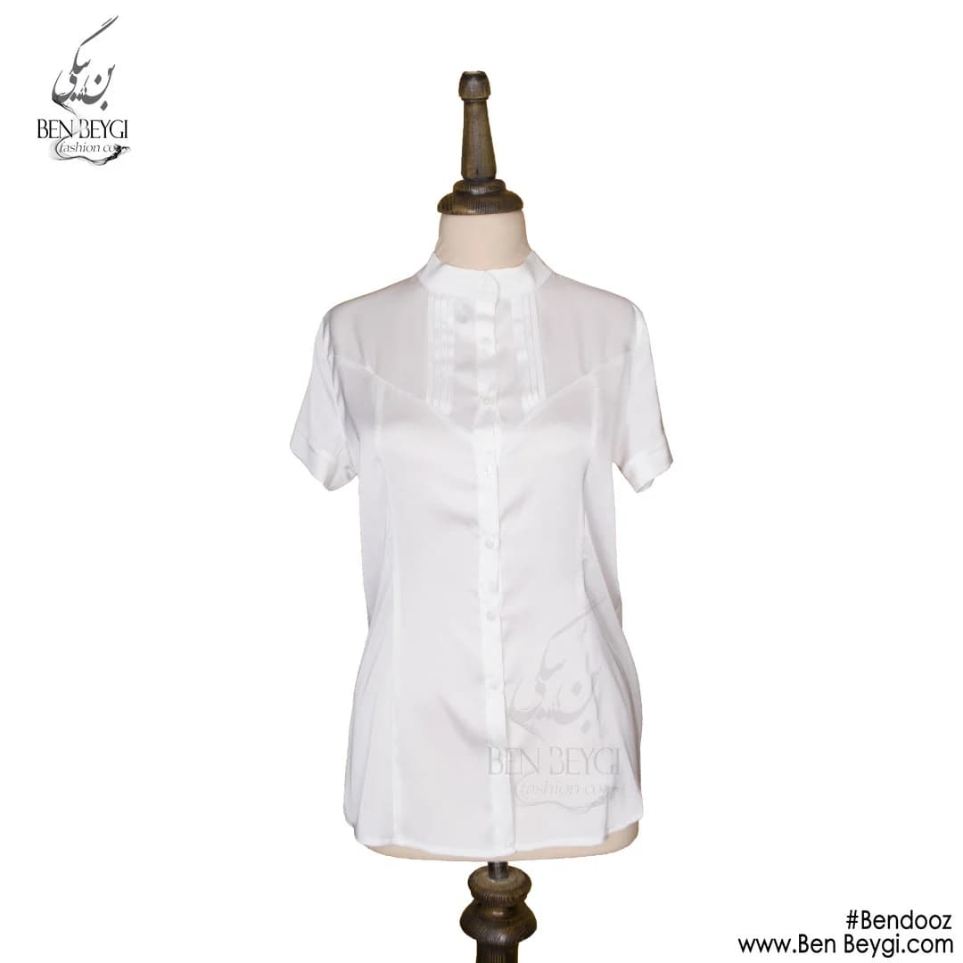 شومیز زنانه پارچه ساتن مدل طرح دار رنگ سفید دکمه دار آستین کوتاه کد 25915