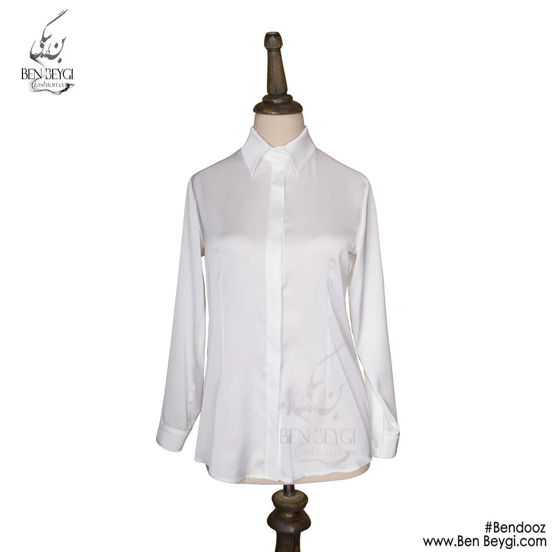 شومیز زنانه پارچه ساتن مدل ساده رنگ سفید دکمه دار قد کوتاه کد 25909