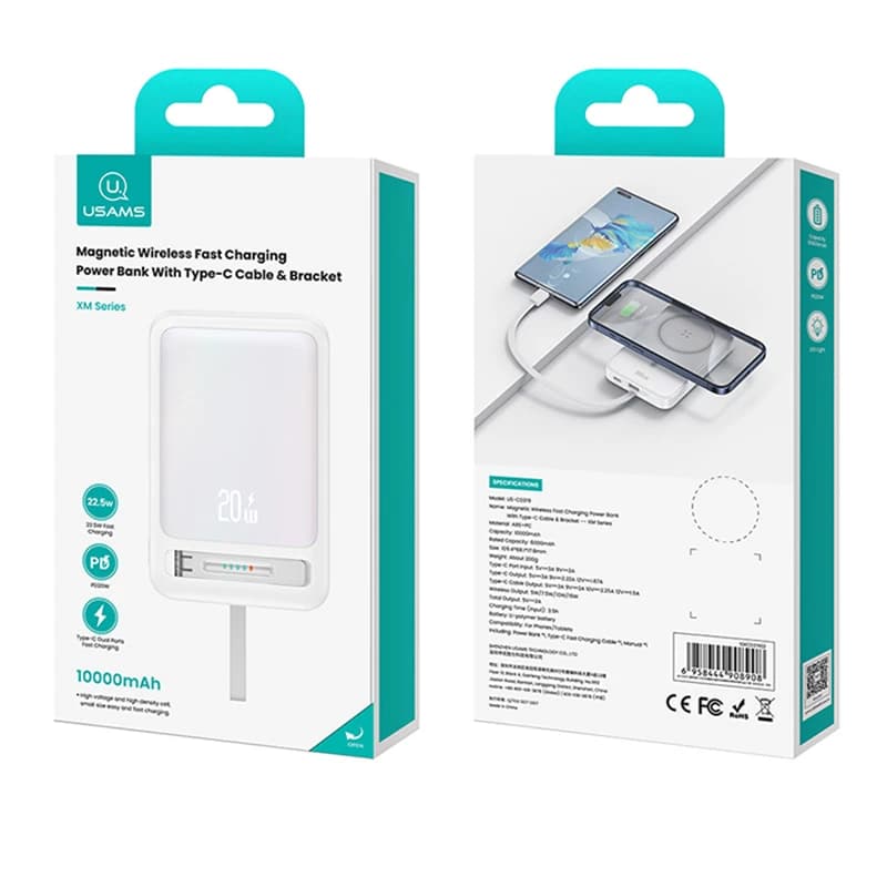 پاوربانک وایرلس 10000 مگنتی یوسمز USAMS CD219 توان 20 وات همراه با کابل متصل — تصویر ۴