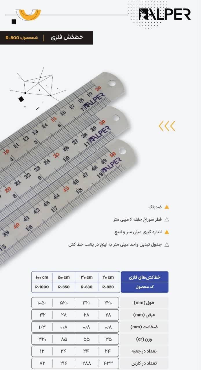 خط کش فلزی آلپر- 20سانت ساده- کد 2246