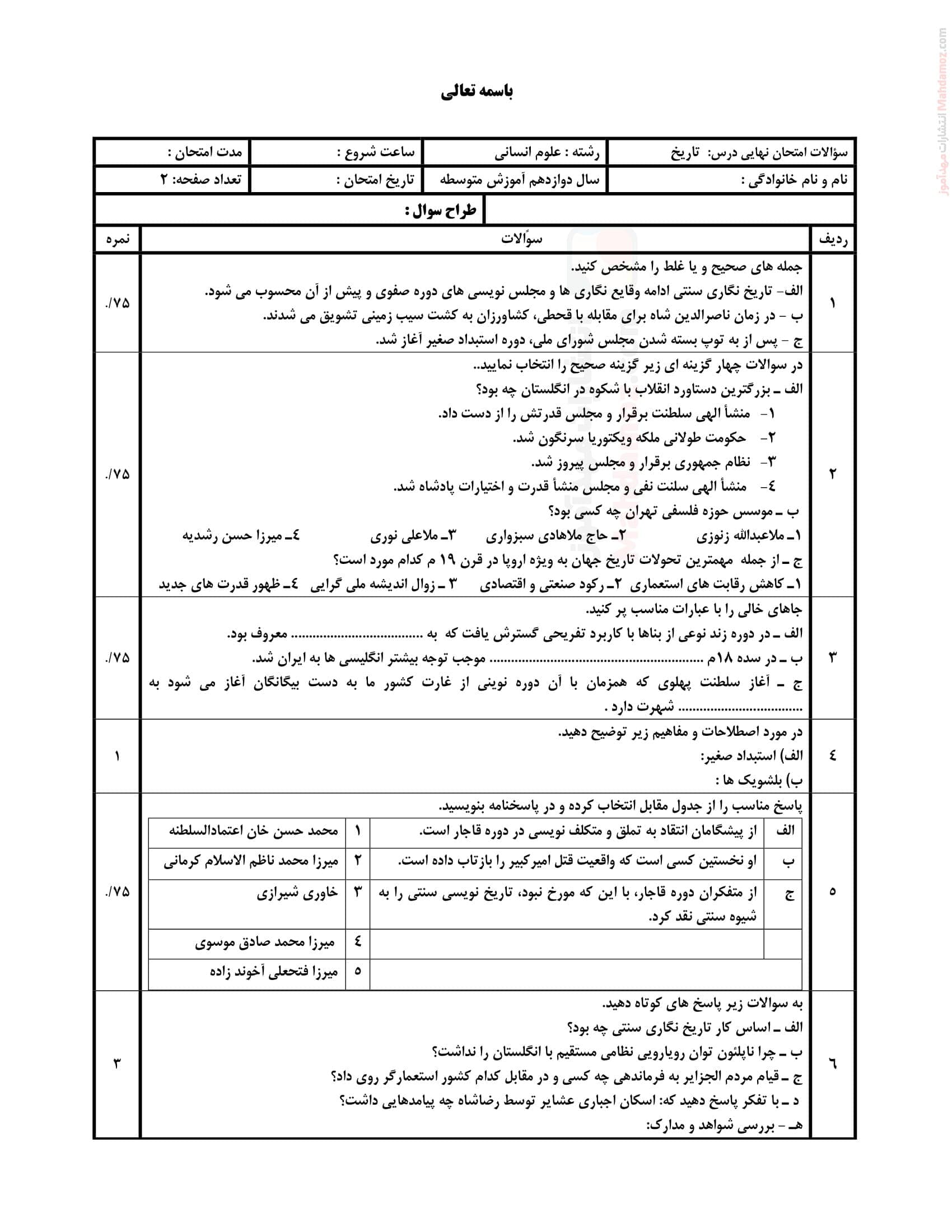 امتحان پایانی شهریور ماه تاریخ پایه دوازدهم متوسطه | با جواب