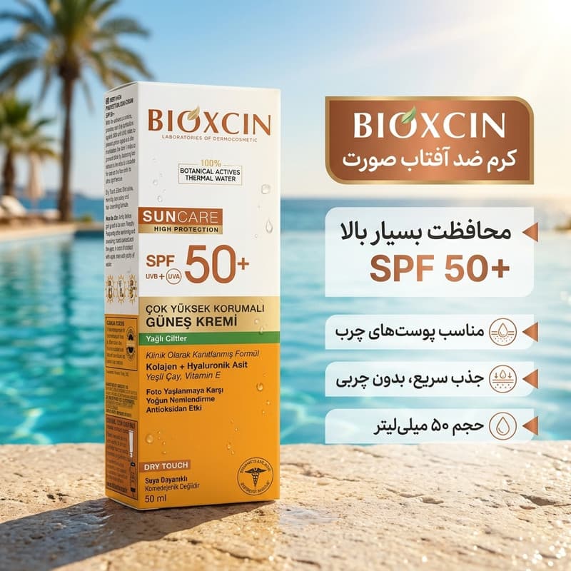 کرم ضد آفتاب بی‌رنگ صورت بیوکسین SPF 50 مدل HIGH PROTECTION محافظ UVA ، UVB مناسب برای پوست های چرب حجم 5۰ میلی لیتر — تصویر ۴