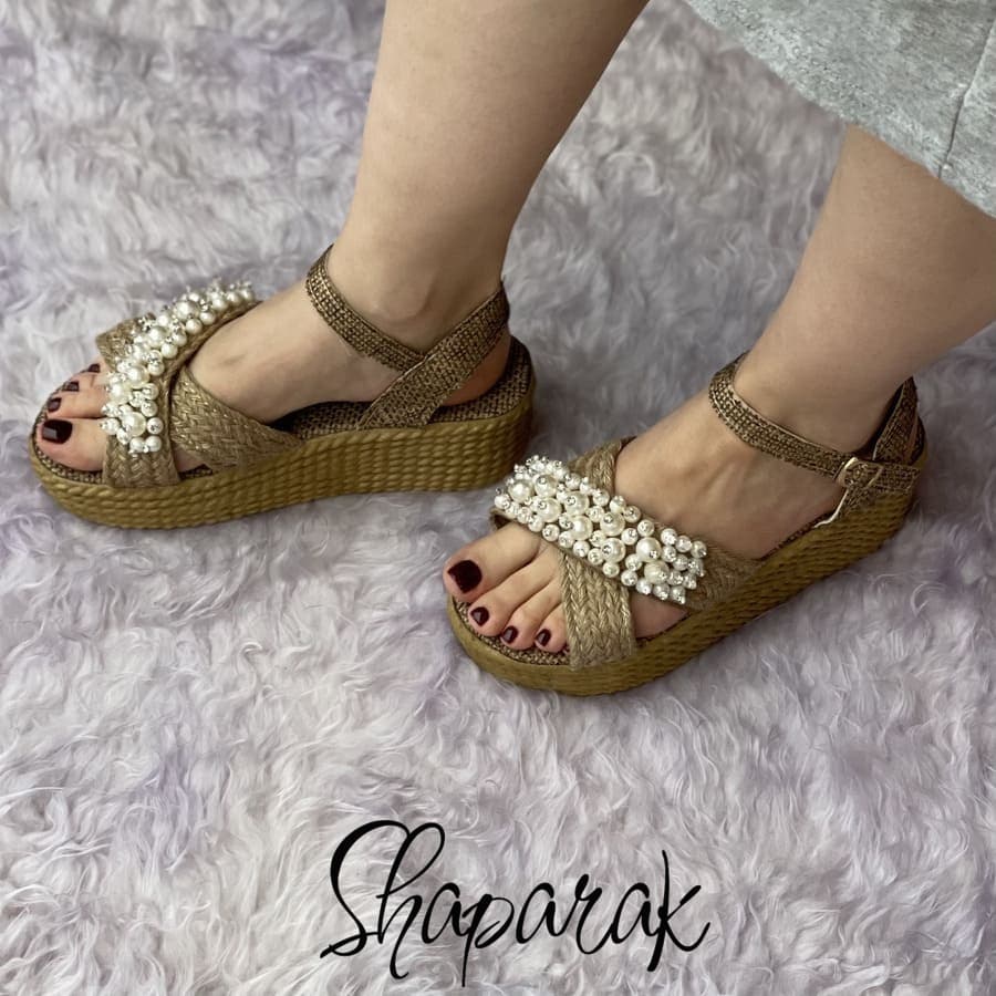 صندل زنانه تابستانی کنفی رکابدار مدل مرواریدی ضربدری