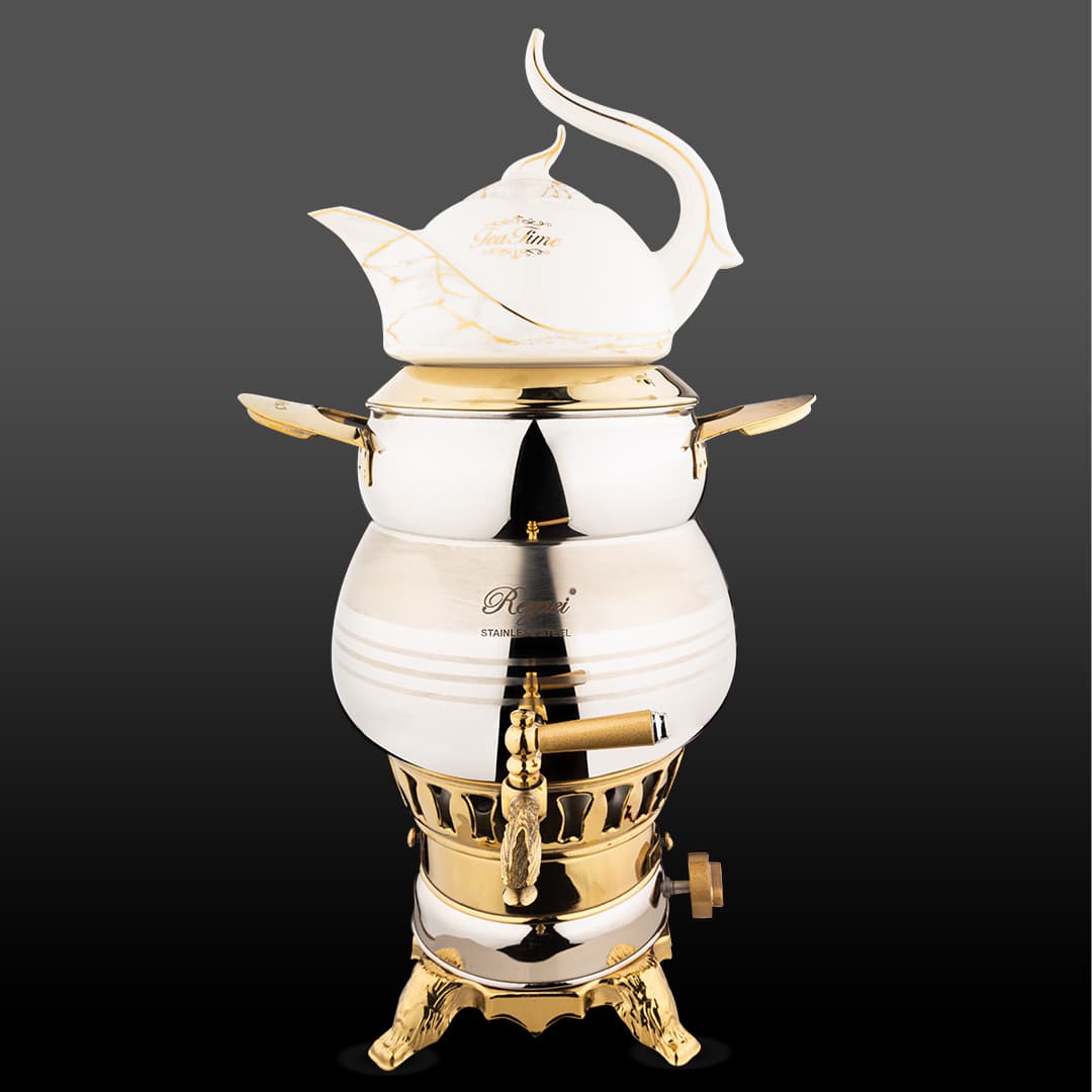 سماور 3 کاره سایه استیل نقره ای و طلایی براق کروپ ست کد 1027ST