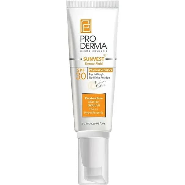 فلوئید ضدآفتاب بی رنگ پرودرما SPF30 پوست خشک حجم 50گرم